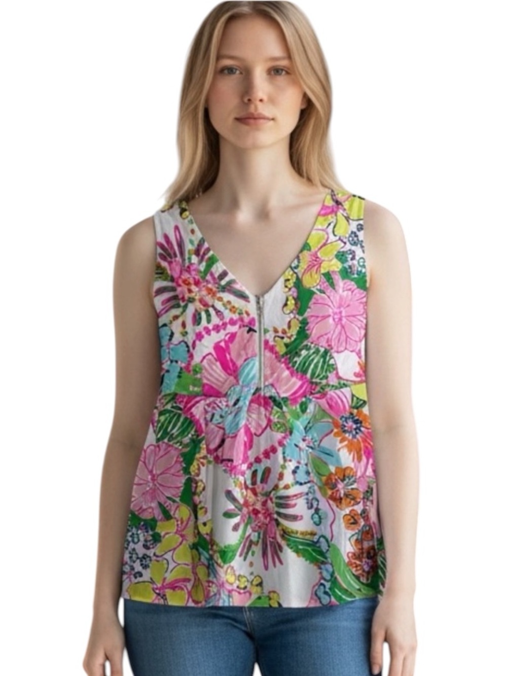 Lilly Pulitzer Nosey Posey Floral Vneck Pink Green Babydoll Tank Top M